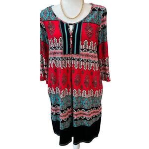 Ellen Tracy Flowy Boho Shift Dress Red Black Teal Print.  Size Medium